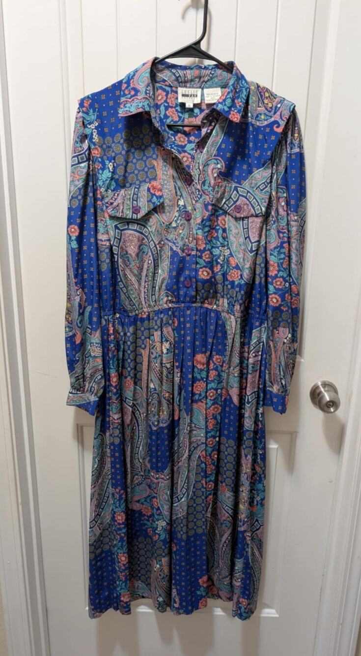 Vtg. Leslie Fay Size 10 Dress Paisley Floral Print Pleated Colorful Modest Artsy